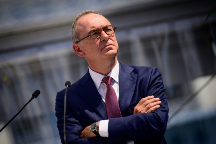 Xavier Piechaczyk, président du directoire de RTE, aux chantiers navals des Chantiers de l'Atlantique à Saint-Nazaire, le 2 mai 2024 en Loire-Atlantique ( AFP / LOIC VENANCE )