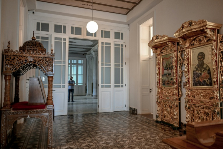 Une pièce du séminaire de Halki, ouvert au milieu du XIXe siècle et qui fut la principale école de théologie de l'Église orthodoxe orientale jusqu'à sa fermeture en 1971, le 2 juillet 2026 à Heybeliada, au large d'Istanbul ( AFP / Ozan KOSE )