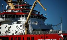 Le navire de recherche polaire RSS David Attenborough amarré au port de Harwich, le 6 octobre 2025 dans l'est de l'Angleterre ( AFP / HENRY NICHOLLS )