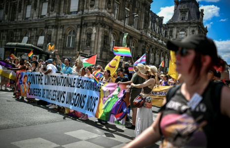 "Contre l'internationale réactionnaire. Queers de tous pays, unissons-nous", clame une banderole lors de la Marche des fiertés 2025 à Paris, le 28 juin 2025 ( AFP / Julie SEBADELHA )