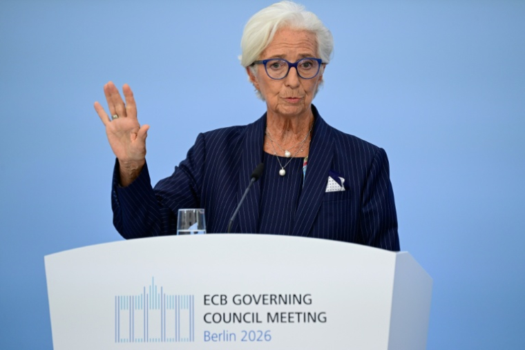 La pr&eacute;sidente de la BCE Christine Lagarde lors d'une conf&eacute;rence de presse &agrave; Berlin, 10 septembre 2026 ( AFP / John MACDOUGALL )