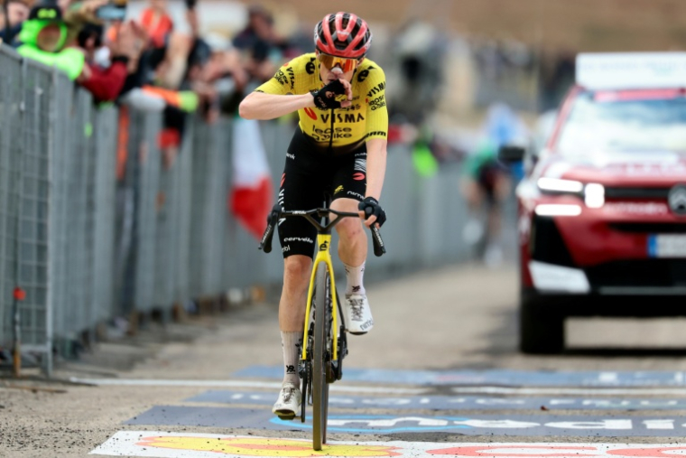 Le Danois Jonas Vingegaard vainqueur de la 7e étape du Tour d'Italie au sommet du Blockhaus, le 15 mai 2026 ( AFP / Luca Bettini )