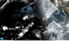 Vue satellitaire de l'ouragan Lala communiquée par la National Oceanic and Atmospheric Administration (NOAA) et montrant la tempête tropicale Lala au-dessus de l'océan Pacifique alors qu'elle se dirige vers l'île principale d'Hawaï, le 14 août 2026 ( NOAA / Handout )