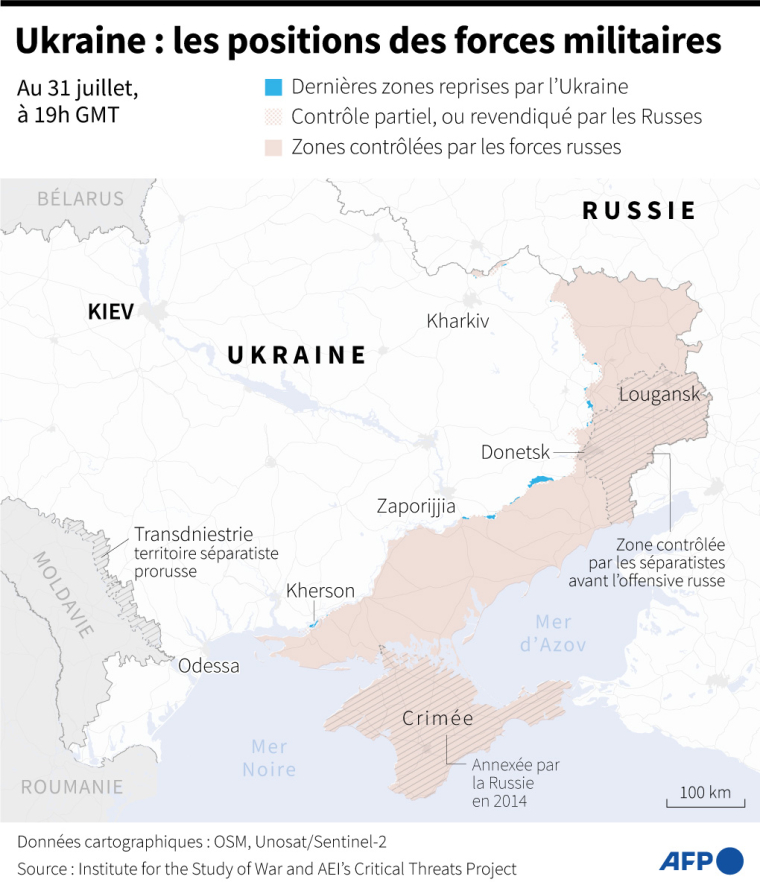 Carte des zones contrôlées par les forces ukrainiennes et russes en Ukraine au 31 juillet 2024 à 19h GMT ( AFP / Valentin RAKOVSKY )