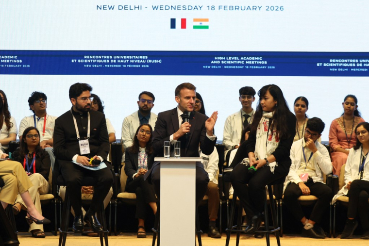 Emmanuel Macron à New Delhi, en Inde, le 18 février 2026. ( AFP / LUDOVIC MARIN )