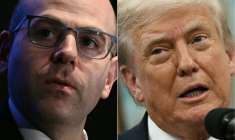 Montage photo réalisé le 7 août 2025 montrant le conseiller économique Stephen Miran à Washington, le 30 avril 2025 (à gauche), et le président américain Donald Trump à Washington, le 6 août 2025 (à droite) ( AFP / Brendan SMIALOWSKI )