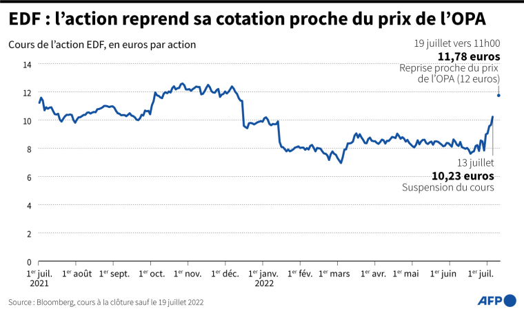 Cours de l'action EDF depuis le début de l'année 2021, après la suspension de son cours le 13 juillet et sa reprise le 19 juillet ( AFP / )