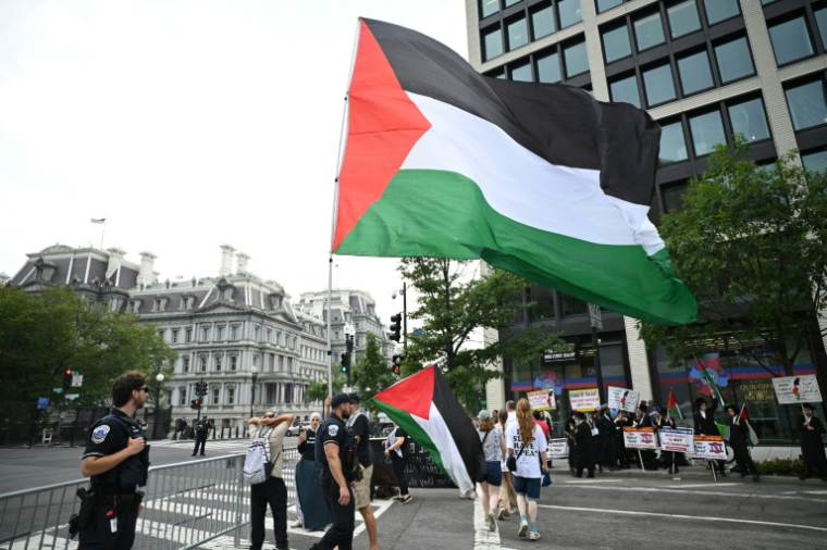 Des manifestants brandissent des drapeaux palestiniens près de la Maison Blanche à Washington pendant une visite du Premier ministre israélien Benjamin Netanyahu, le 28 juillet 2026 ( AFP / Mandel NGAN )