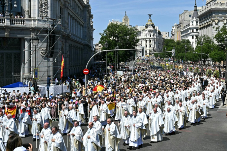 Des prêtres lors de la procession Corpus Christi après la messe de plein air célébrée par le pape Léon XIV, le 7 juin 2026 à Madrid   ( AFP / Javier SORIANO )