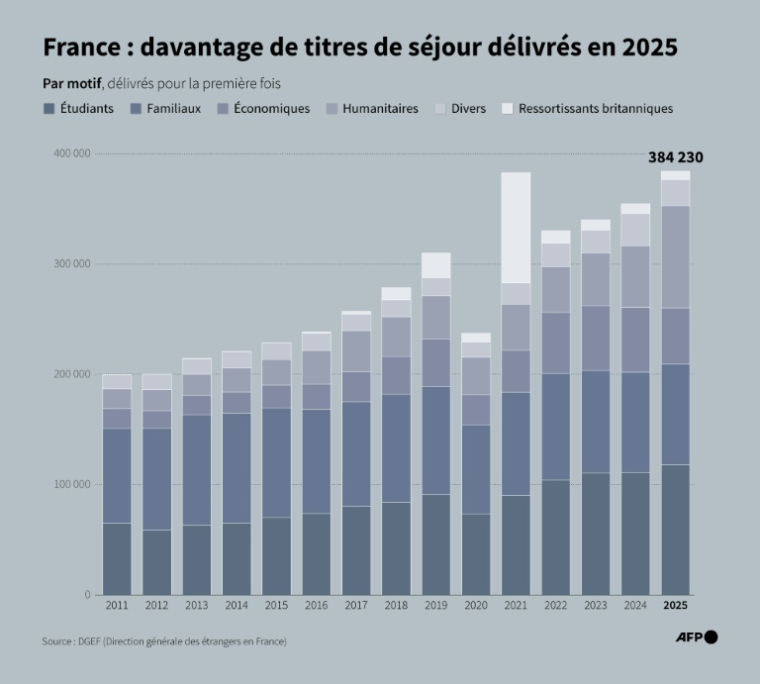 Evolution du nombre de titres de séjour délivrés pour la première fois en France, par an et par motif d'admission depuis 2011, d'après les chiffres du ministère de l'Intérieur ( AFP / Jean-Michel CORNU )