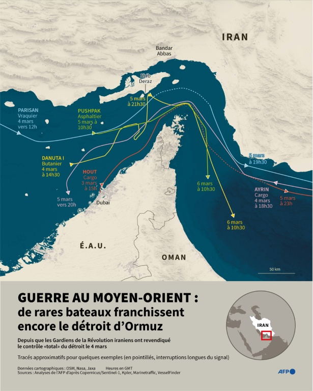 Carte du détroit d'Ormuz montrant les trajectoires de bateaux ayant franchi le détroit d'Ormuz depuis le 4 mars et l'annonce de la prise de contrôle du détroit par les Gardiens de la Révolution iraniens ( AFP / Valentin RAKOVSKY )