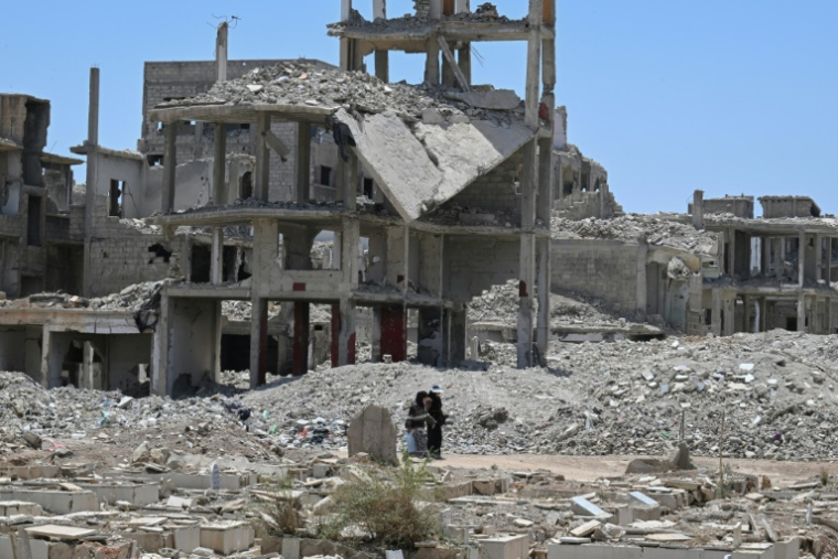 Des bâtiments détruits pendant les 14 ans de la guerre civile syrienne, dans le camp de réfugiés palestiniens de Yarmouk, dans le sud de Damas, le 22 mai 2025 ( AFP / LOUAI BESHARA )