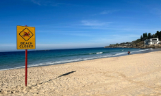 Un panneau "Plage fermée" à Coogee Beach, après qu'une nageuse a été mordue par un requin, le 13 juin 2026 à Sydney, en Australie ( AFP / OLIVER HOTHAM )