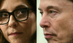 Linda Yaccarino, ancienne PDG de X, à Washington, le 31 janvier 2024, et Elon Musk, à Washington, le 21 mai 2025 ( AFP / Brendan SMIALOWSKI )