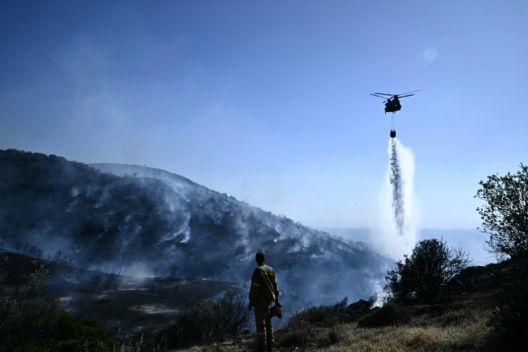 Un pompier observe un avion Canadair de lutte contre les incendies larguer de l'eau sur un feu de forêt, près de Thymari, au sud-est d'Athènes, le 26 juin 2025 en Grèce ( AFP / Aris MESSINIS )