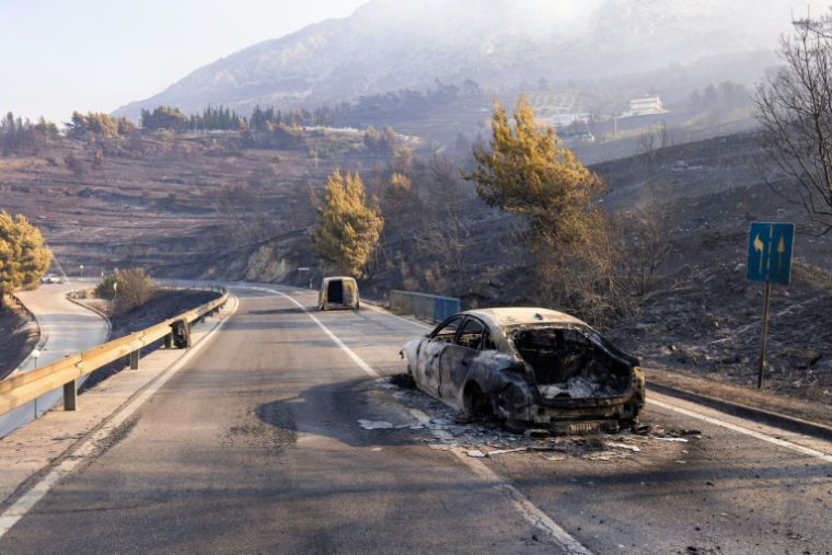 Des véhicules calcinés par un incendie de forêt à Omis, en Croatie, le 14 août 2026 ( AFP / MIROSLAV LELAS )