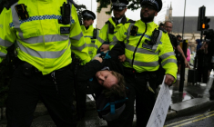 Un manifestant interpellé par la police lors d'un rassemblement de soutien au groupe Palestine Action à Londres, le 19 juillet 2025  ( AFP / CARLOS JASSO )