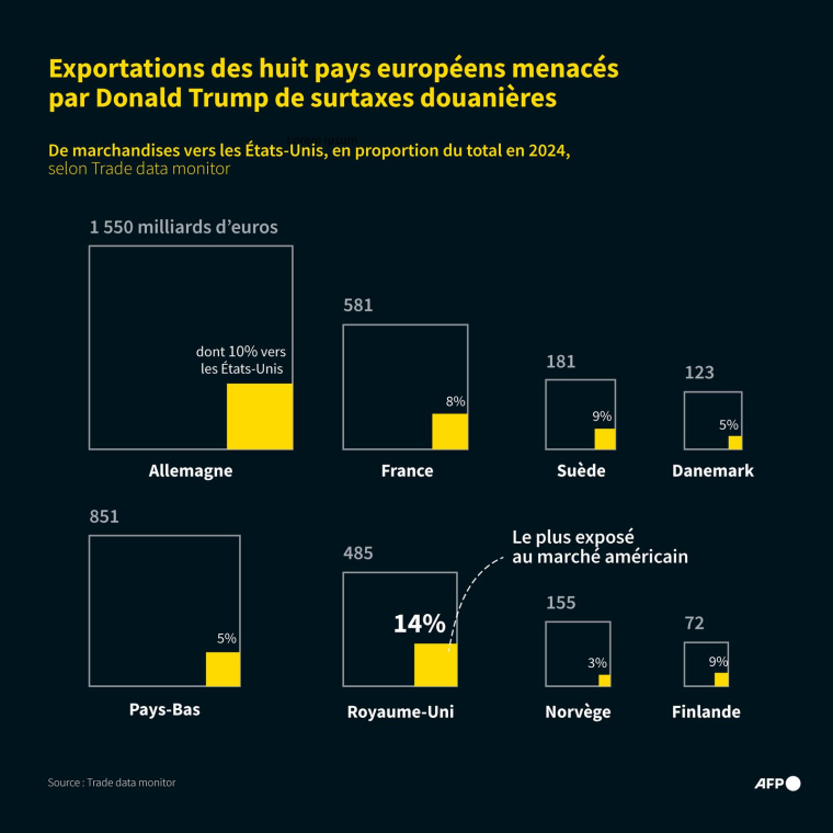 Exportations de marchandises vers les Etats-Unis des huits pays européens menacés par Donald Trump de surtaxes douanières en raison de leur opposition à une annexion américaine du Groenland, territoire autonome danois, en proportion du total de leurs exportations en 2024, d'après les données de Trade data monitor ( AFP / Luca MATTEUCCI )