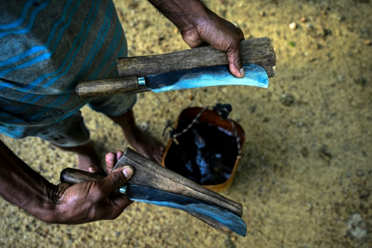 Sarath Ananda prépare ses couteaux avant de récolter la sève des palmiers kithul dans le village d'Ambegoda, le 26 janvier 2026 au Sri Lanka ( AFP / Ishara S. KODIKARA )