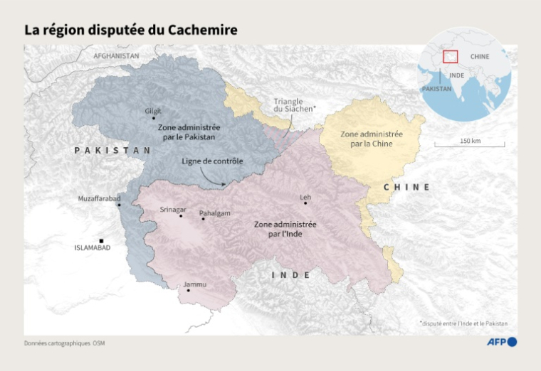 Carte montrant les parties de la région du Cachemire administrées par l'Inde, le Pakistan et la Chine ( AFP / John SAEKI )