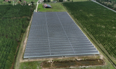 Vue aérienne d'une serre dont le toit est en partie constitué de panneaux photovoltaïques, au Temple, le 3 octobre 2025 en Gironde ( AFP / Christophe ARCHAMBAULT )