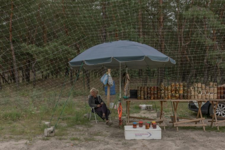 Une femme vend des conserves sur un stand au bord de la route, recouvert de filets anti-drones, devant la ville d’Izioum, région de Kharkiv dans l'est de l'Ukraine, le 25 juillet 2026. ( AFP / Roman PILIPEY )