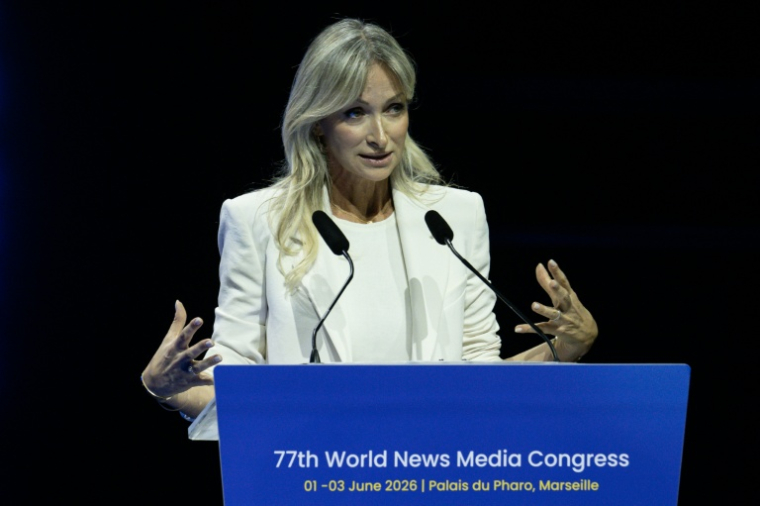 Véronique Albertini-Saadé, présidente de CMA Media, la branche médias de l'armateur français CMA-CGM, au congrès mondial des médias à Marseille, le 1er juin 2026 ( AFP / MIGUEL MEDINA )