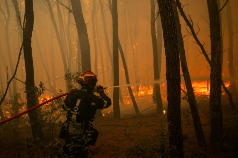 Un pompier grec arrose les flammes lors d’un incendie de forêt dans la région de Porto Germeno, le 1er août 2026 ( AFP / Angelos TZORTZINIS )