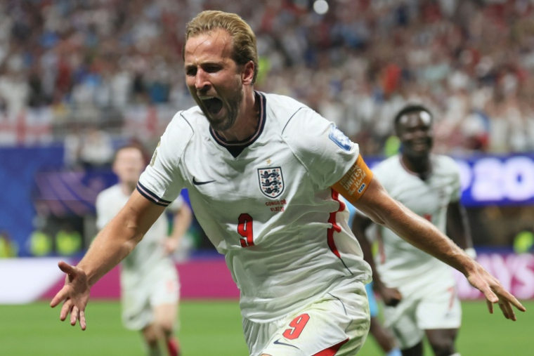 La star de l'Angleterre Harry Kane célèbre un but face à la RD Congo, lors de la Coupe du monde, le 1er juillet à Atlanta ( AFP / Odd ANDERSEN )