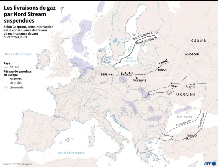 Carte de l'Europe montrant le réseau de gazoducs existants et en projet, mettant en évidence ceux en provenance de Russie ( AFP / )