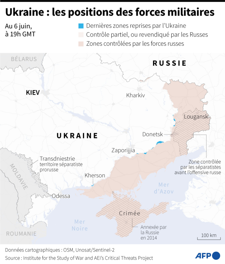 5Carte des zones contrôlées par les forces ukrainiennes et russes en Ukraine au 6 juin 2024 à 19h GMT ( AFP / Valentin RAKOVSKY )