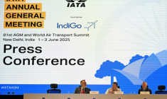Conférence de presse des responsables de l'Association internationale du transport aérien (Iata) à New Dehli, le 2 juin 2025 ( AFP / Money SHARMA )