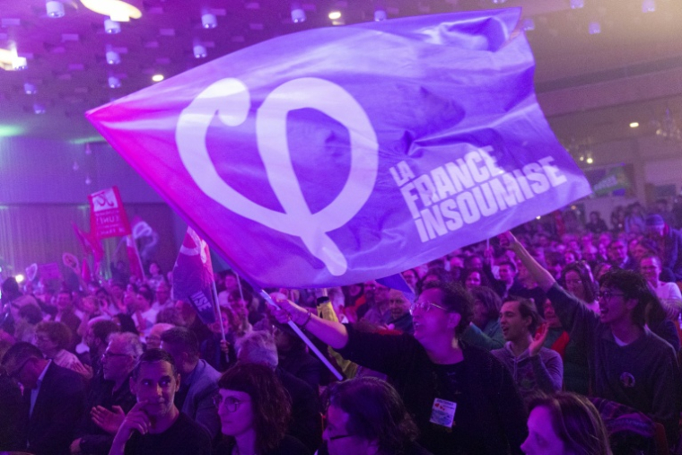 Un drapeau La France insoumise (LFI) agité durant la campagne des élections municipales à Strasbourg, le 19 mars 2026 ( AFP / ROMEO BOETZLE )