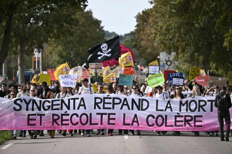 Manifestation près d'une usine du fabricant de pesticides et semencier Syngenta, à Saint-Pierre-la-Garenne, le 3 octobre 2026 ( AFP / Guillaume Saligot )
