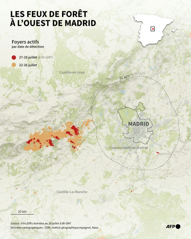 Carte des foyers actifs à l'ouest de Madrid où des incendies ont débuté le 22 juillet, d'après les données d'Effis au 28 juillet à 8h GMT ( AFP / Guillermo RIVAS PACHECO )