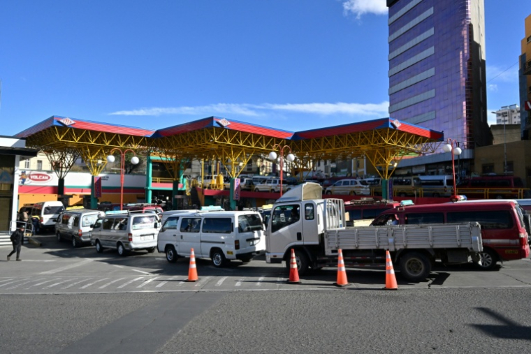 Des véhicules font la queue pour faire le plein dans une station-service à La Paz, en Bolivie, le 31 juillet 2025 ( AFP / AIZAR RALDES )