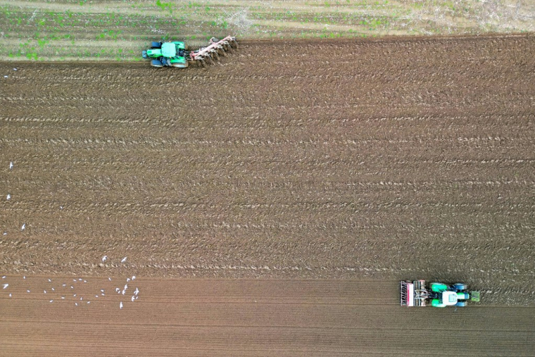 Photographie aérienne d'agriculteurs travaillant dans un champ à Tinténiac (Ille-et-Vilaine) le 24 novembre 2023. ( AFP / DAMIEN MEYER )