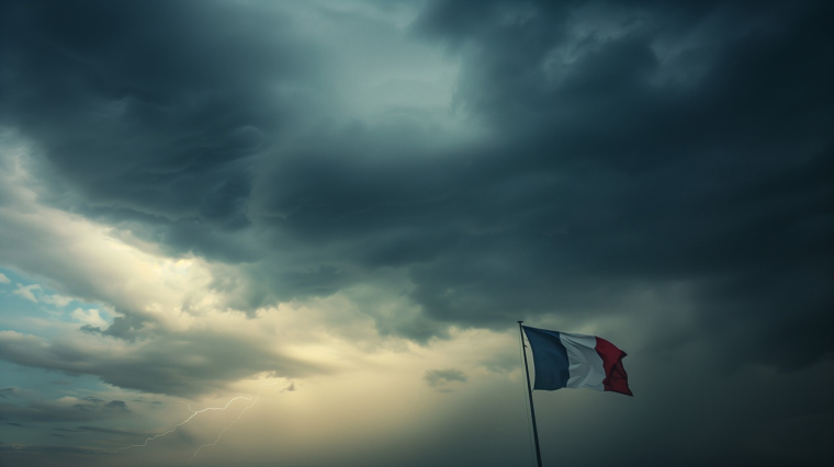 Drapeau français sur ciel d'orage. (Crédits: Adobe Stock / image générée pa)