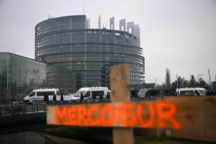 Le mot "MERCOSUR" est écrit sur une croix en bois lors de manifestations devant le Parlement européen à Strasbourg, le 20 janvier 2026 ( AFP / NICOLAS TUCAT )