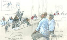 Croquis d'audience du 9 septembre 2026 montrant les militants d'extrême droite Loik Le Priol (2e d) et Romain Bouvier (3e d), au troisième jour de leur procès devant la cour d'assises de Paris pour le meurtre en 2022 du rugbyman international argentin Federico Martin Aramburu ( AFP / Benoit PEYRUCQ )