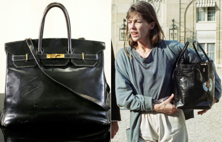 Cette combinaison de photos montre le sac Birkin ayant appartenu à l'artiste, pris chez Sotheby's à Paris le 2 juillet 2025 et Jane Birkin arrivant à l'Elysée avec ledit sac le 9 mai 1990 ( AFP / ALAIN JOCARD )