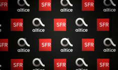 Les logos d'Altice et de SFR avant une conférence de presse à Paris