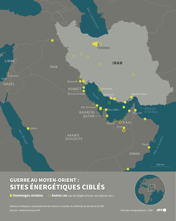Carte montrant les principaux sites énergétiques (dépôts pétroliers, raffineries, gisements...) visés depuis le début du conflit au Moyen-Orient, du 28 février au 26 mars à 9h00 GMT ( AFP / Sylvie HUSSON )