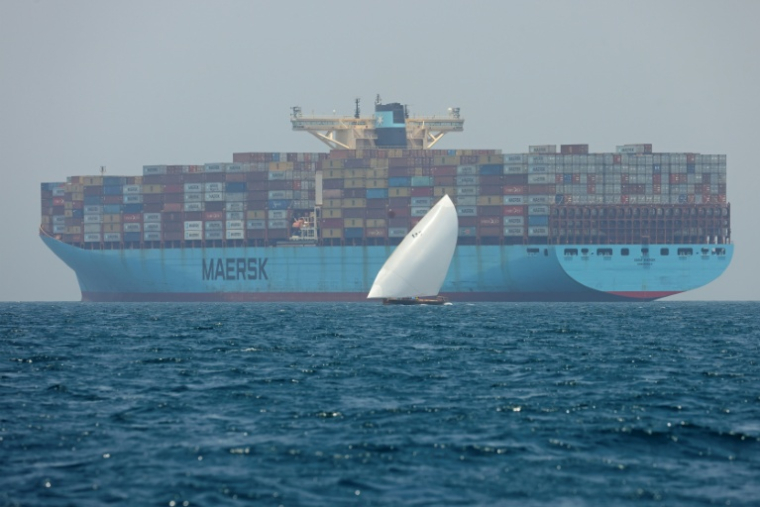 Un porte-conteneur géant de l'armateur Maersk au large de Dubaï, le 4 juin 2022 ( AFP / Karim SAHIB )