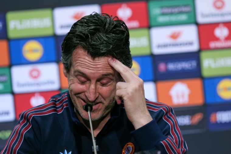 L'entraîneur espagnol d'Aston Villa, Unai Emery, lors d'une conférence de presse de veille de match, le 19 mai 2026 à Istanbul, en Turquie ( POOL / Francisco Seco )