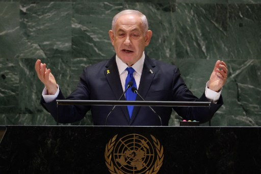 Le Premier ministre israélien Benyamin Netanyahou au siège de l'ONU, à New York, le 27 septembre 2024. ( AFP / CHARLY TRIBALLEAU )