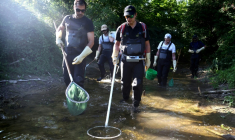 Des membres de la fédération de pêche de Charente recherchent dans le lit presque asséché de la rivière Nouère des poissons encore vivants à transférer dans la Charente, plus remplie, le 31 juillet 2025 ( AFP / ROMAIN PERROCHEAU )