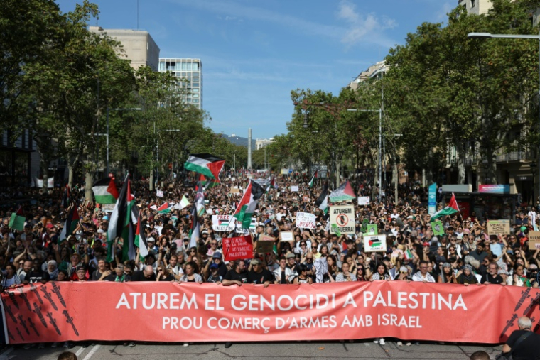 Manifestants propalestiniens à Barcelone (nord-est de l'Espagne), le 4 octobre 2025 ( AFP / Lluis GENE )