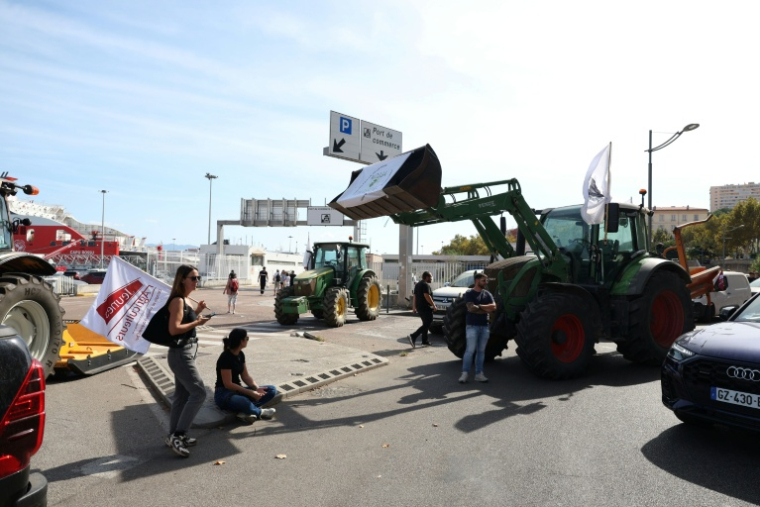 Des agriculteurs bloquent avec leurs tracteurs l'accès au terminal des ferries d'Ajaccio pour réclamer une aide financière de l'État face à la sécheresse, le 24 septembre 2026 en Corse ( AFP / Pascal POCHARD-CASABIANCA )