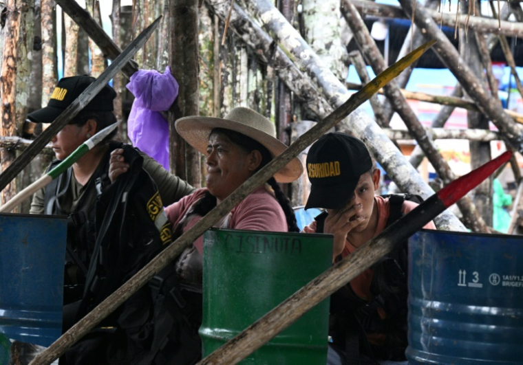 Des paysans fidèles à l'ancien président bolivien Evo Morales montent la garde, armés de lances en bois, aux entrées de Lauca Eñe, village de la province du Chapare, en Bolivie, le 27 avril 2025 ( AFP / AIZAR RALDES )